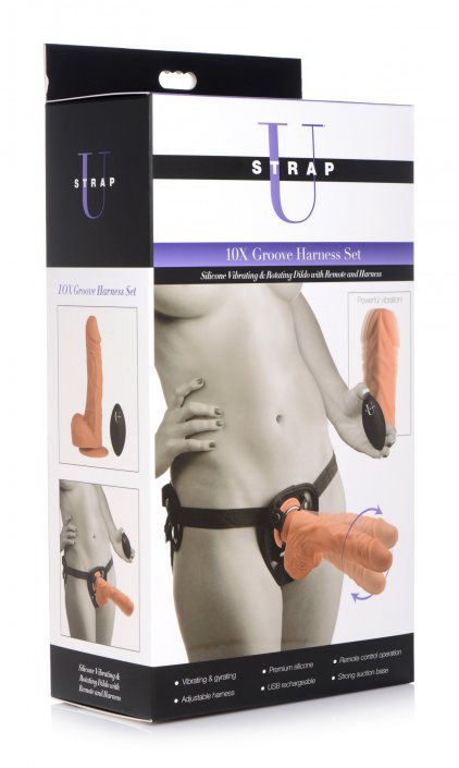 10x Groove Harness with Vibrating & Rotating Dildo - Flesh - Image 4