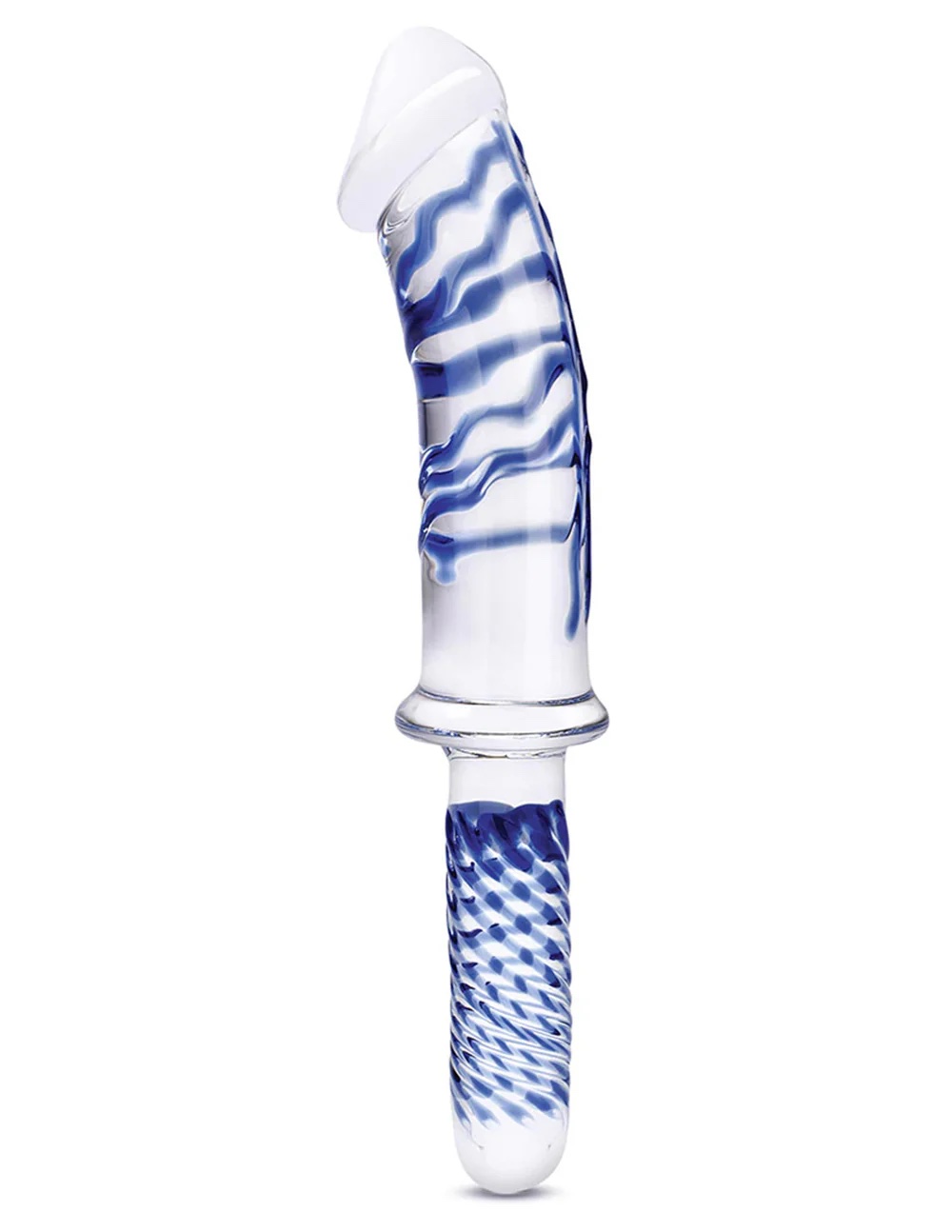 11 Inch Realistic Double Ended Glass Dildo With Handle - Blue/clear - Image 2
