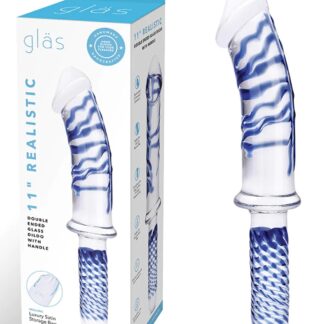 11 Inch Realistic Double Ended Glass Dildo With Handle - Blue/clear