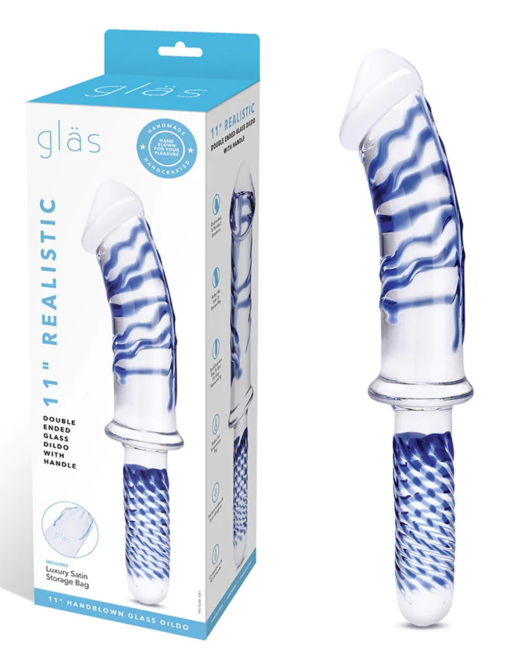 11 Inch Realistic Double Ended Glass Dildo With Handle - Blue/clear