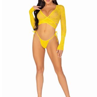 2 Pc Daisy Lace Wrap-Around Crop Top and Side Tie Panty - One Size - Yellow