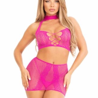 2 Pc Dotted Net and Lace Halter - One Size - Magenta