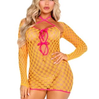 2 Pc Eyelet Net Mini Dress With Tie- Front Keyhole and Shrug O/s - Neon Orange