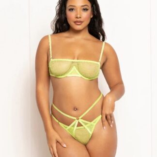 2 Pc Fishnet and Strappy Elastic Bra and Thong Set - One Size - Lime