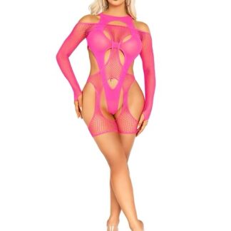 2 Pc Fishnet Garter Harness and Opaque Cut-Out Teddy O/s - Neon Pink