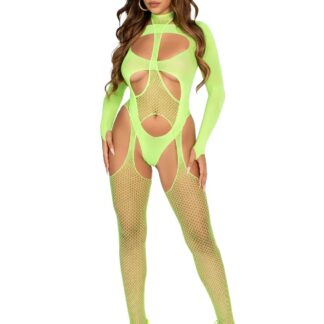2 Pc Fishnet Suspender Lingerie Jumpsuit and Layered Opaque Teddy O/s - Neon Green