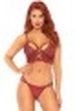 2 Pc Lace Bralette With Cage Strap O-Ring Bodice Detail and Matching G-String - Burgandy - Small/ Medium