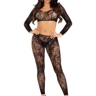2 Pc Lace Crop Top and Footless Tights - One Size - Black