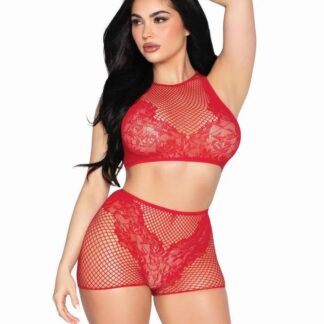 2 Pc Net and Lace Crop Top and Matching Boy Shorts - Os - Red