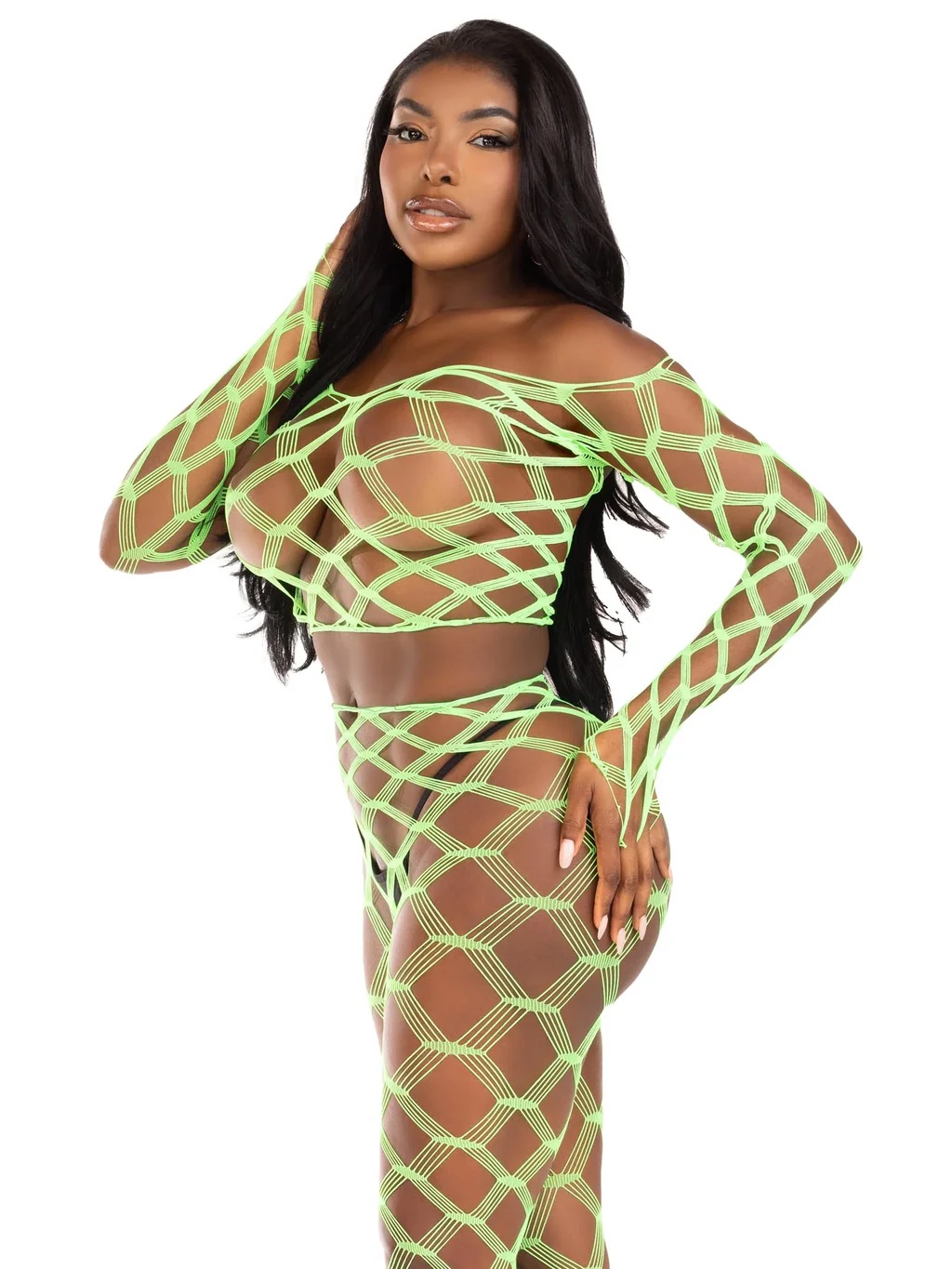 2 Pc Net Crop Top and Footless Tights - One Size - Neon Green - Image 5