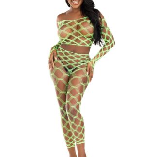 2 Pc Net Crop Top and Footless Tights - One Size - Neon Green