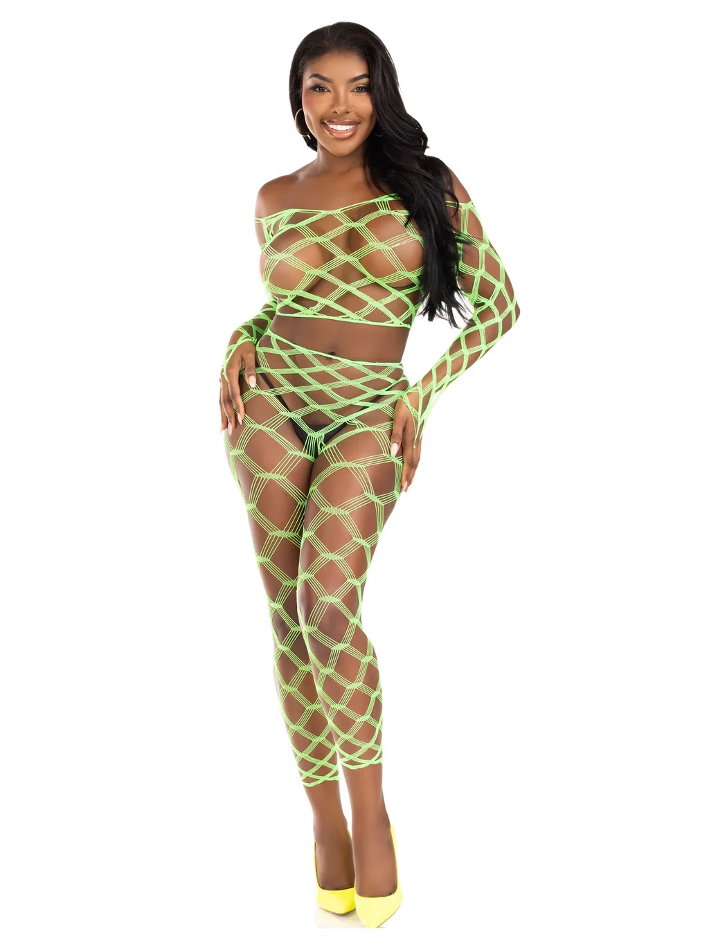 2 Pc Net Crop Top and Footless Tights - One Size - Neon Green