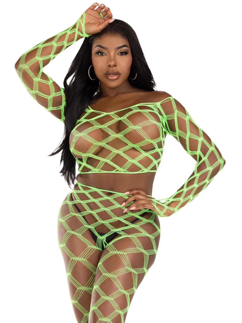 2 Pc Net Crop Top and Footless Tights - One Size - Neon Green - Image 2