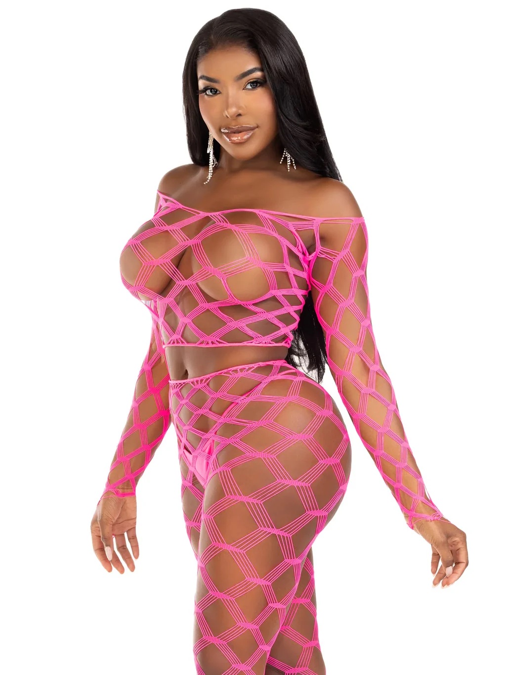 2 Pc Net Crop Top and Footless Tights - One Size - Neon Pink - Image 2