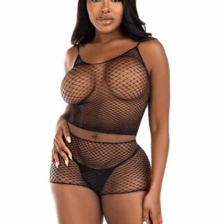 2 Pc Net Tank Top With Boy Shorts - One Size - Black
