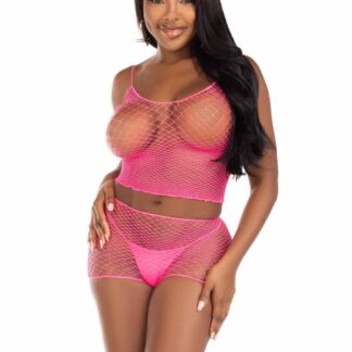 2 Pc Net Tank Top With Boy Shorts - One Size - Neon Pink