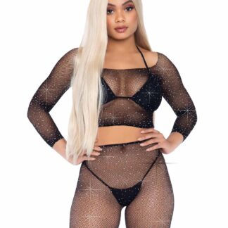 2 Pc Rhinestone Fishnet Crop Top and Biker Shorts - Black - One Size