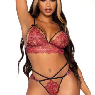 2 Pc Rhinestone Lace Bralette and G-String Set - Medium - Burgundy