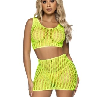 2 Pc. Crochet Net Crop Top and Mini Skirt - One Size - Neon Yellow