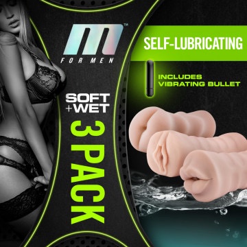 M for Men - 3-Pack Self-Lubricating Vibrating Stroker Sleeve Kit - Vanilla - Image 2