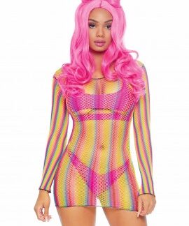 Rainbow Fishnet Long Sleeved Mini Dress - One Size - Rainbow