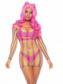 Rainbow Fishnet Long Sleeved Mini Dress - One Size - Rainbow - Image 2