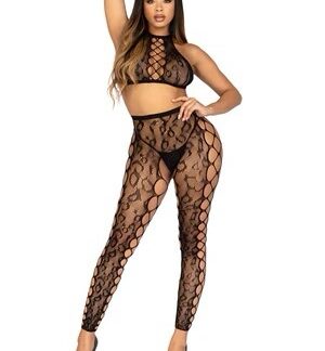 2 Pc Leopard Net Crop Top and Crotchless Footless Tights With Faux Lace-Up Detail - Os - Black