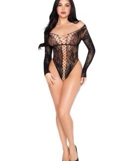 Net and Lace Crotchless Teddy - Os - Black